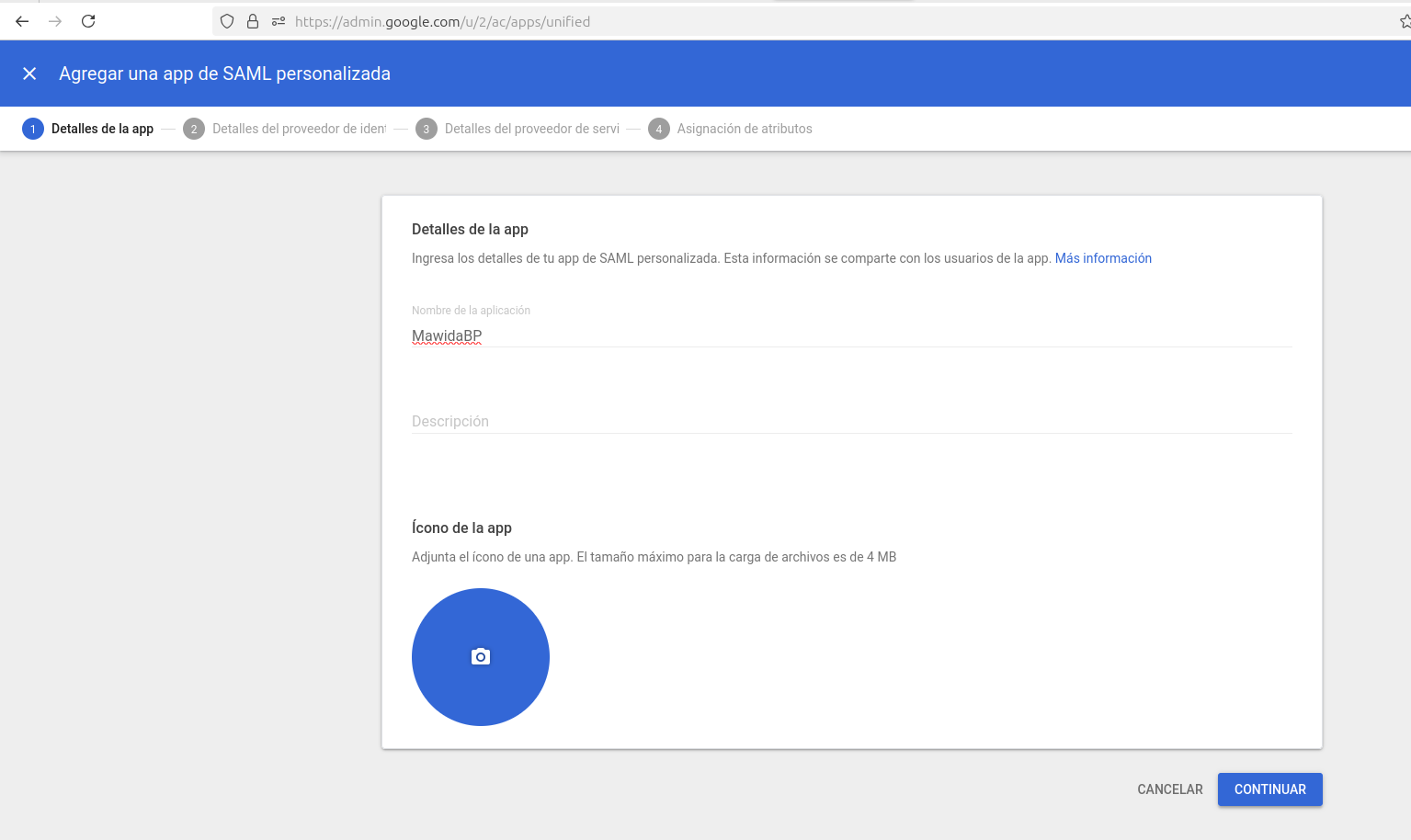 Detalles de la app SAML personalizada