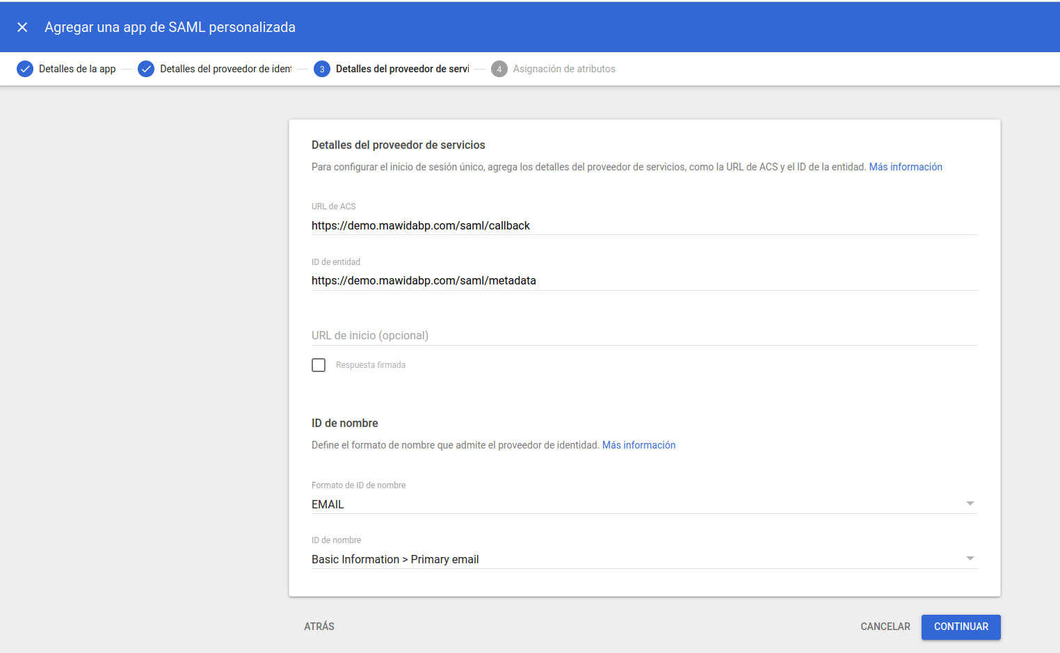Detalles del proveedor de servicios