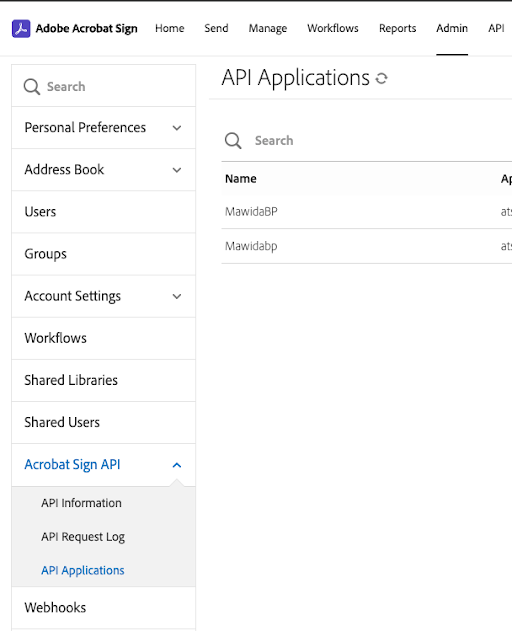 API Applications menu in Adobe Sign