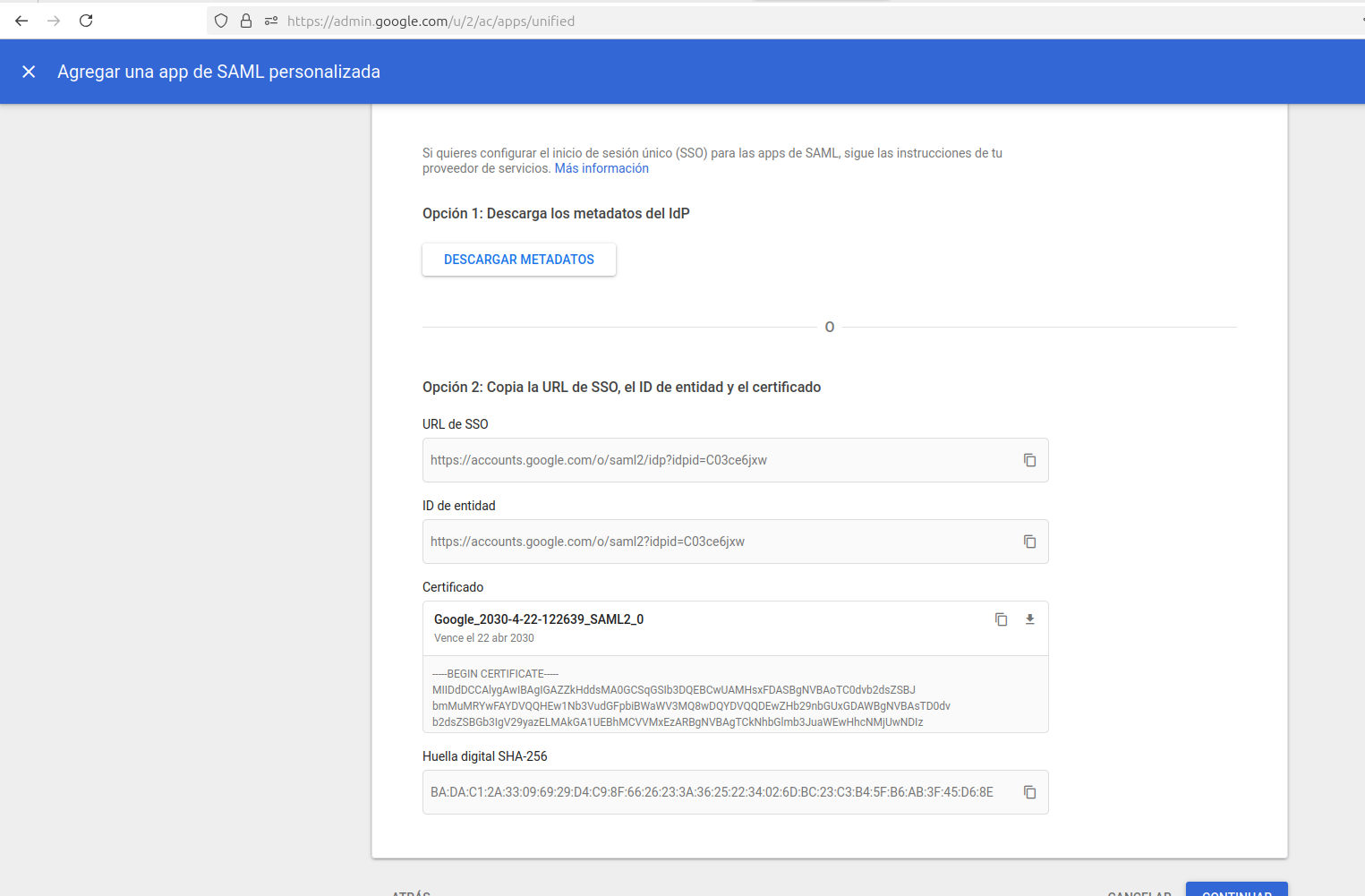 Google Workspace IdP details